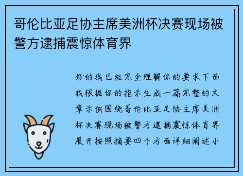 哥伦比亚足协主席美洲杯决赛现场被警方逮捕震惊体育界