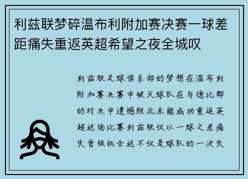 利兹联梦碎温布利附加赛决赛一球差距痛失重返英超希望之夜全城叹