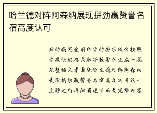 哈兰德对阵阿森纳展现拼劲赢赞誉名宿高度认可